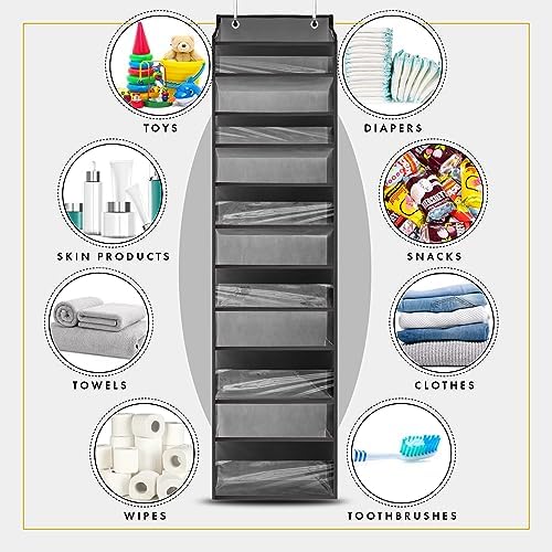 HOMELUX THEORY 1PC Heavy Duty Over the Door Organizer 55x14x6.7, 6 Large Front & 12 Side Pockets, Hanging Storage Closet Door Organizer for Bedroom, Bathroom and Baby Nursery Storage (Dark Gray)