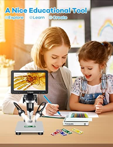 7" LCD Digital Microscope 1200X,Leipan 12MP Coin Microscope with Screen for Adults,1080P Video Microscope with 32GB TF Card and 12pcs Slides,Wired Remote,2 Side Lights,Windows/Mac OS Compatible