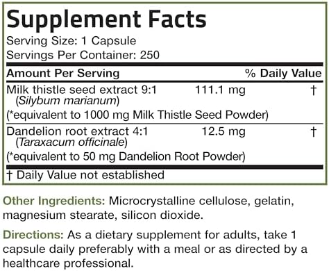 Bronson Milk Thistle Silymarin Marianum & Dandelion Root Liver Health Support, Antioxidant Support, Detox, 250 Capsules