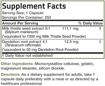 Bronson Milk Thistle Silymarin Marianum & Dandelion Root Liver Health Support, Antioxidant Support, Detox, 250 Capsules