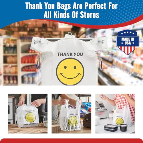 Fuxury 1000 Count Happy Smiling Face Thank You Plastic Bags (12" x 6.5" x 21") White, Have a Nice Day Bags for T-shirt, Grocery, Take Out, To Go, Retail Shopping in Bulk (Made in USA)