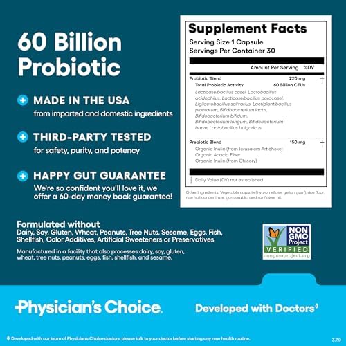 Physician's Choice Probiotics 60 Billion CFU - 10 Strains + Organic Prebiotics - Immune, Digestive & Gut Health - Supports Occasional Constipation, Diarrhea, Gas & Bloating - for Women & Men - 30ct