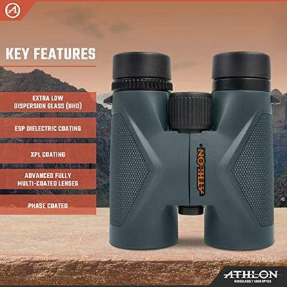 Athlon Optics 10x42 Midas UHD Gray Binoculars with Eye Relief for Adults and Kids, High-Powered Binoculars for Hunting, Birdwatching, and More