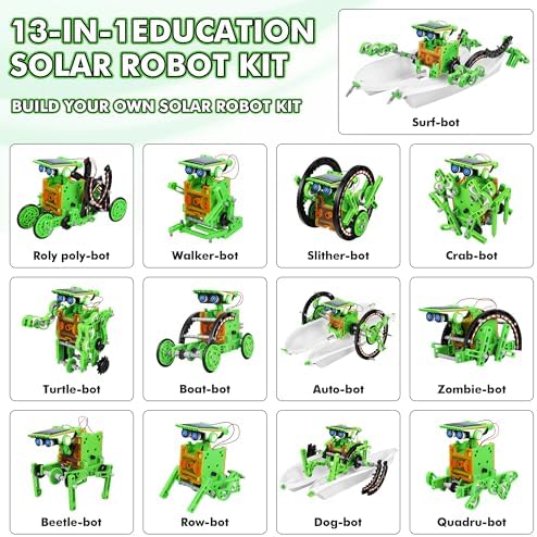 Bottleboom STEM 13-in-1 Education Solar Power Robots Toys for Boys Age 8-12, Educational Toy Science Kits for Kids Experiment Robotics Set Birthday Gifts for 8 9 10 11 12 Years Old-Green