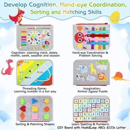 Esjay Toddler Busy Board Montessori Toys for Boys Girls, Sensory Board Educational Activities for Learning Fine Motor Skills, Birthday Gifts for Toddlers, Travel Toys for Airplane Car,Grey Dinosaur