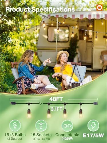 addlon 48 FT Outdoor String Lights Commercial Grade Weatherproof Strand, 18 Edison Vintage Bulbs, 15 Hanging Sockets (3 Spare Bulbs), ETL Listed Heavy-Duty Decorative Christmas Lights for Patio Garden