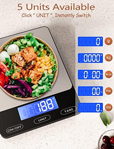 Food Scale -33lb Digital Kitchen Scale for Food Ounces Grams Rechargeable 304 Stainless Steel,Batteries and Type-C Charging | Perfect for Meal Prep, Cooking, and Baking, Black