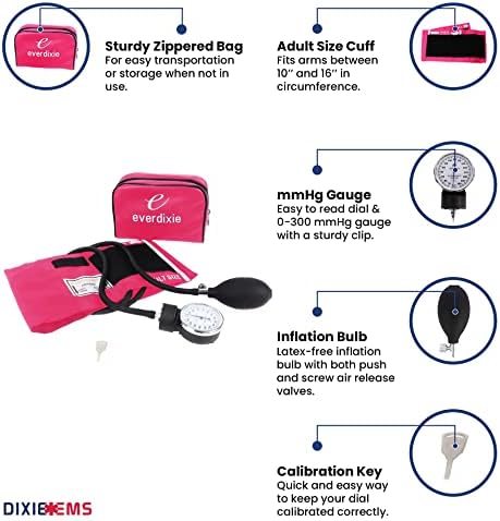 Dixie Ems Deluxe Aneroid Sphygmomanometer Blood Pressure Set W/ Adult Cuff, Carrying Case and Calibration Tool - Pink