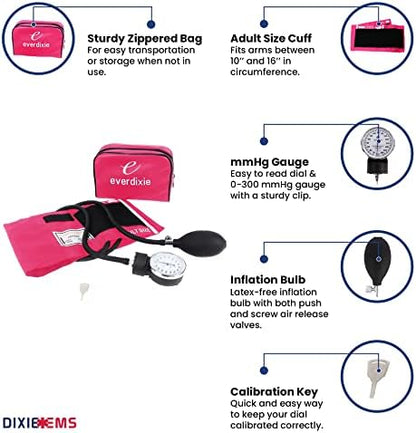 Dixie Ems Deluxe Aneroid Sphygmomanometer Blood Pressure Set W/ Adult Cuff, Carrying Case and Calibration Tool - Pink