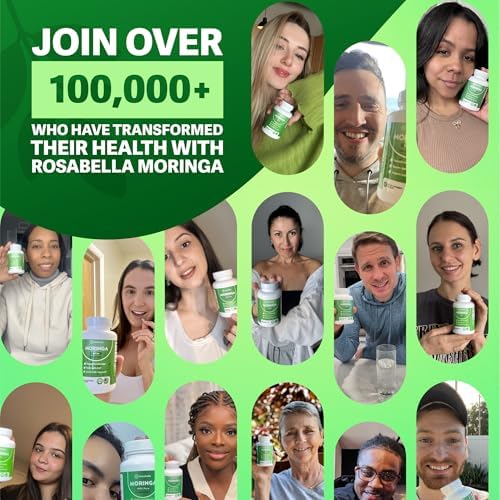 Rosabella Moringa Capsules - Pure Moringa Powder, Energy, Skin, Immune & Gut Health Superfood, Rich in Antioxidants, Essential Vitamins & Amino Acids, Natural Green Superfood Supplement - 180 Count