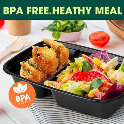 Glotoch Express 32oz Black Two-Compartment Square Meal Prep Containers, Food Storage Containers with Lids for Microwave Dishwasher Freezer Safe 300pack