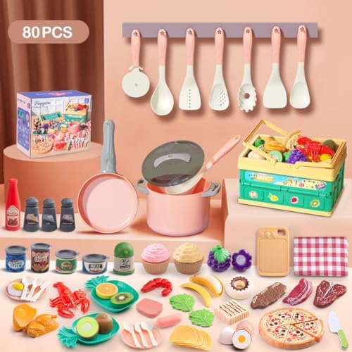 80pcs Pretend Play Kitchen Set for Toddlers, Kids Cookware Playset with Pots/Pans/Food/Fruits/Vegetables/Picnic Blanket/Storage Basket, Pink Educational Learning Toy Gift for Boys & Girls