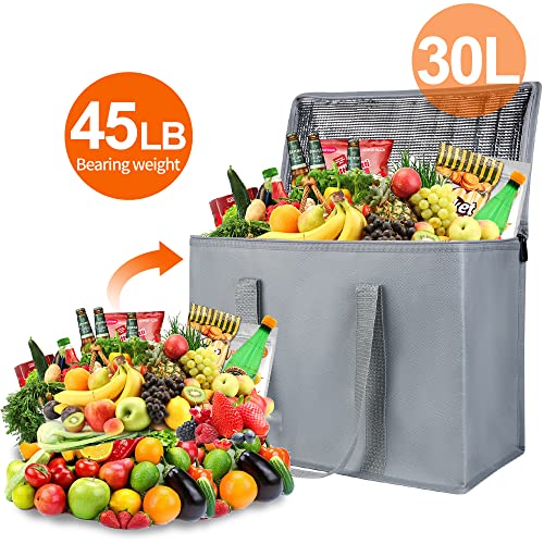 Bodaon 2-Pack Insulated Reusable Grocery Shopping Bags, X-Large Picnic Cooler Bag Zipper Zippered Top Cold, Grey