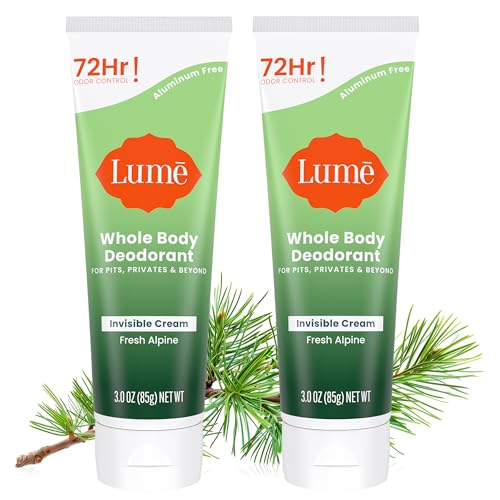 Lume Whole Body Deodorant - Invisible Cream Tube - 72 Hour Odor Control - Aluminum Free, Baking Soda Free, Skin Safe - 3.0 ounce (Pack of 2) (Fresh Alpine)