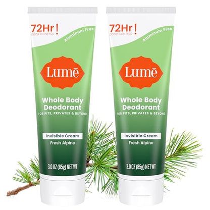 Lume Whole Body Deodorant - Invisible Cream Tube - 72 Hour Odor Control - Aluminum Free, Baking Soda Free, Skin Safe - 3.0 ounce (Pack of 2) (Fresh Alpine)