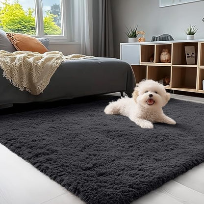 OLANLY Area Rugs for Living Room Bedroom, Machine Washable 4x5.9 ft Soft Fluffy Shaggy Bedside Rug, Indoor Floor Carpet for Kids Girls and Boys, Dorms, Nursery Rooms, Home Decor Aesthetic, Black