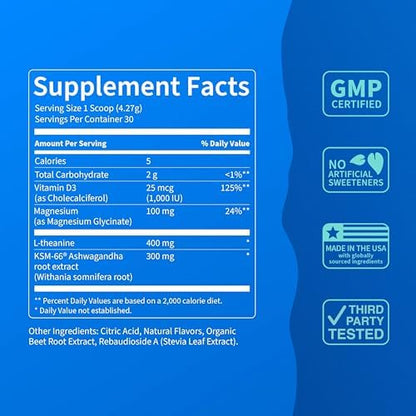 Supercalm Drink Mix - Ashwagandha KSM 66, Magnesium Glycinate, L-Theanine, Vitamin D3 - Ashwagandha Root Extract, Magnesium & L-Theanine Supplement - Focus & Support (30 Servings)