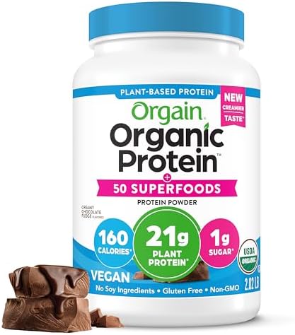 Orgain Organic Vegan Protein Powder + 50 Superfoods, Creamy Chocolate Fudge - 21g Plant Based Protein, Gluten Free, Dairy Free, Lactose Free, Soy Free, No Sugar Added, Kosher, B Vitamins - 2.02lb