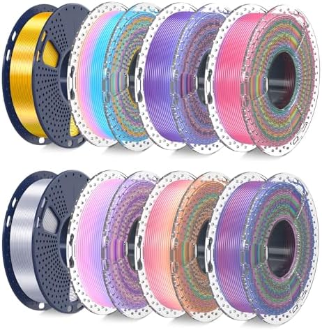 SUNLU 3D Printer Filament Bundle, PLA Silk Rainbow Filament Multicolor, Fast Color Change Each 8 Meters, Individually Vacuum Packed, 250g Spool, 8 Rolls, 2kg Total, 6 Silk Rainbow+Light Gold+Silver