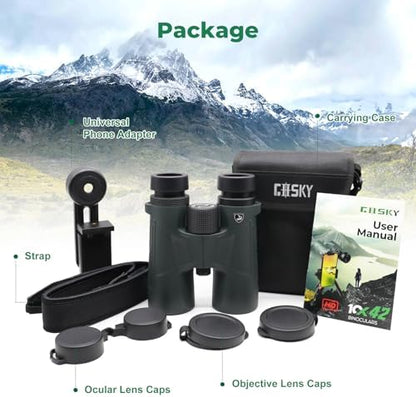 Gosky 10X42 HD Binoculars for Adults with Phone Adapter, High Power Binoculars with BAK4 Prism and FMC Lens, Waterproof Binocular for Bird Watching Hunting Traveling Outdoor Sports