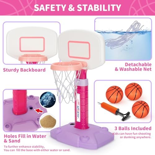 Toddler Basketball Hoop Indoor for Age 1-3, Adjustable Kids Basketball Hoop, Mini Basketball Hoops with 3 Balls for Outdoor Poolside, Birthday Christmas Sport Toys Gift for Baby Boy Girl 1 2 3 4, Pink