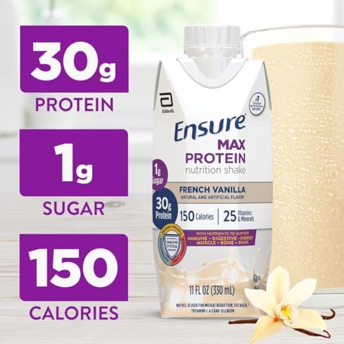 Ensure Max Protein Shake | French Vanilla | Ready to Drink | 30g Protein for Muscle Health | 1g Sugar, 4g Fiber | 11 fl oz, 12 Pack