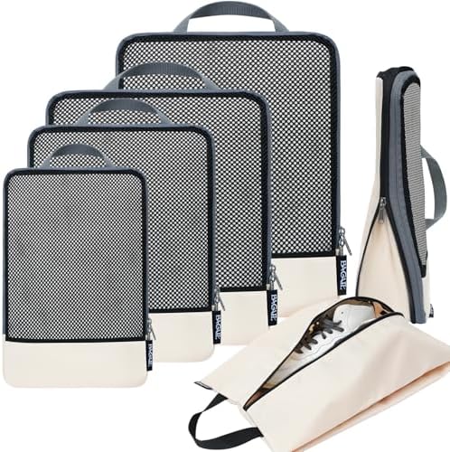 BAGAIL 4 Set/6 Set/8 Set Compression Packing Cubes Travel Accessories Expandable Packing Organizers (Half Mesh, 6-Beige)