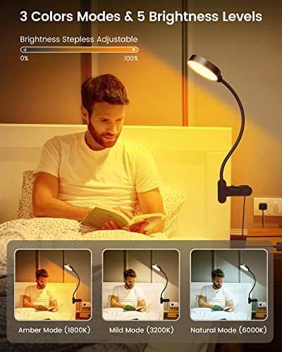 Glocusent 5W Clip on Light, 36LED Eye Caring Reading Light for Bed, 3 Colors & 5 Brightness Clip on Lamp with Adapter, Perfect Reading Light for Bed with Clamp/Bunk Bed/Headboard/Table/Desk