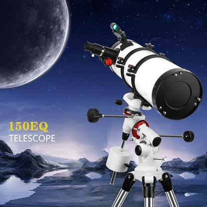 Telescope 150EQ Astronomical Reflector Telescopes for Adults,Professional Manual Equatorial Telescope for Beginners.Comes with 2X Barlow Lens Phone Adapter,Stainless Tripod and Moon Filter
