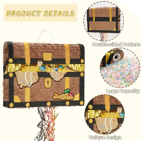 WERNNSAI Treasure Chest Piñata - Pull String Pirate Themed Piñata with Blindfold and Bat Adventure Birthday Party Decoration for Boys Kids Family Games Piñata Adventure Theme Party Supplies