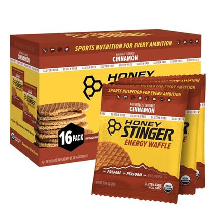 Honey Stinger Organic Gluten Free Cinnamon Waffle, Energy Stroopwafel for Exercise, Endurance and Performance, Sports Nutrition for Home & Gym, Pre and Post Workout, Box of 16 Waffles, 16.96 Ounces