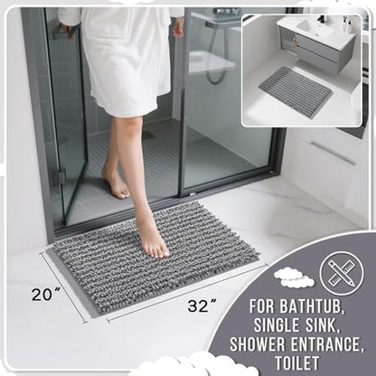 Yimobra Bathroom Rugs Non Slip Washable 32x20 Inch - Ultra Soft Absorbent Chenille Bath Mat, Quick Dry Shaggy Floor Carpet for Tub Shower, Gray Home Decor Accessories