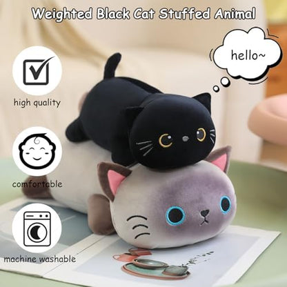 SQEQE Weighted Black Cat Plush, Weighted Black Cat Stuffed Animal, Cute Plushies Soft Pillow Toy Gift for Kids Adults 13.8 Inch, 1.6 Lbs