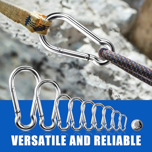 Carabiner Clip Hooks, 10pcs 3.15 inch Carabiners Heavy Duty, 304 Stainless Steel Spring Snap Hook Fits Camping Hiking, Metal Clips for Rope Chain Keys Rings