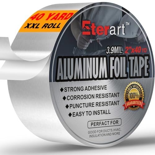 Aluminum Foil Duct Tape Heavy Duty,High Temperature Sealing and Patching,for HVAC,Air Ducts,Metal Repair, Foamboard,Insulation,Dryer Vent and More,2 Inch x 40 Yards,Silver