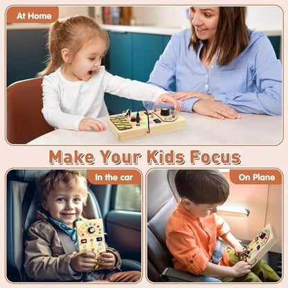 Joyreal Toddler Busy Board, Wooden Montessori Busy Board Sensory Board with LED Light Switch, Sensory Toys Baby Fidget Board Travel Toys for Toddler