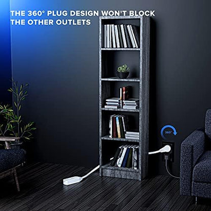 Maximm Cable 6 Ft 360° Rotating Flat Plug Extension Cord/Wire, 16 AWG Multi 3 Outlet Extension Wire, 3 Prong Grounded Wire - White - UL Certified