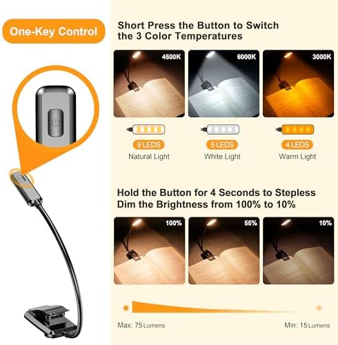 Gritin 9 LED Rechargeable Book Light for Reading in Bed - Eye Caring 3 Color Temperatures,Stepless Dimming Brightness,80 Hrs Runtime Small Lightweight Clip On Book Reading Light for Studying