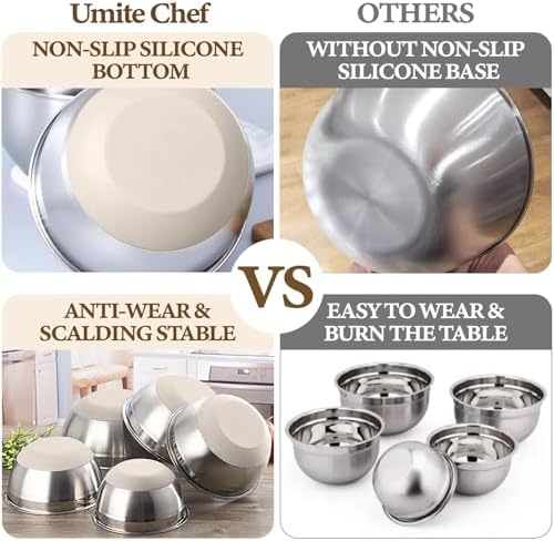Umite Chef Mixing Bowls with Airtight Lids Set, 8PCS Stainless Steel Khaki Nesting Bowls with Grater Attachments, Kitchen Bowls with Non-Slip Bottoms, Size 5, 4, 3.5, 2, 1.5QT for Mixing & Serving
