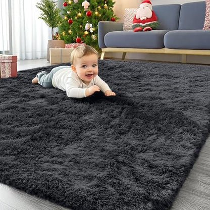 OLANLY Area Rugs for Living Room Bedroom, Machine Washable 4x5.9 ft Soft Fluffy Shaggy Bedside Rug, Indoor Floor Carpet for Kids Girls and Boys, Dorms, Nursery Rooms, Home Decor Aesthetic, Black