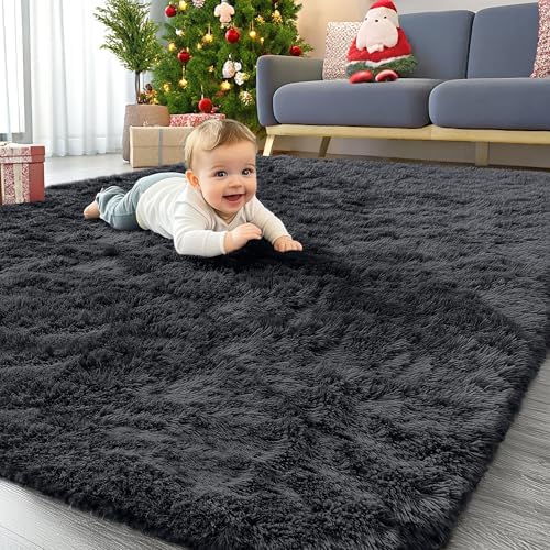 OLANLY Area Rugs for Living Room Bedroom, Machine Washable 4x5.9 ft Soft Fluffy Shaggy Bedside Rug, Indoor Floor Carpet for Kids Girls and Boys, Dorms, Nursery Rooms, Home Decor Aesthetic, Black