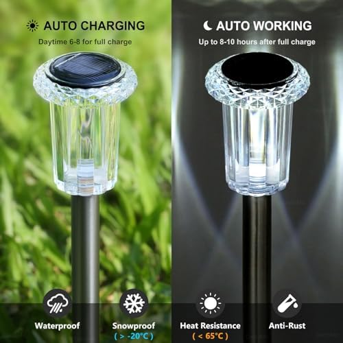 DenicMic Solar Lights Outdoor 10 Pack Waterproof 6000K Cold White LED Stainless Steel Stake for Pathway Yard Garden Driveway Solar Powered Outside Decor