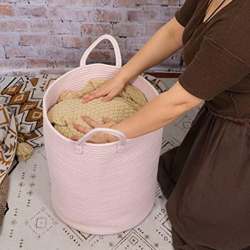 Cotton Rope Laundry Basket Hamper for Girls Kids Baby Nursery Hamper Bin Woven Storage Basket for Living Room Girls room Boho Tall Rope Baskets for Blanket Toys Large light pink