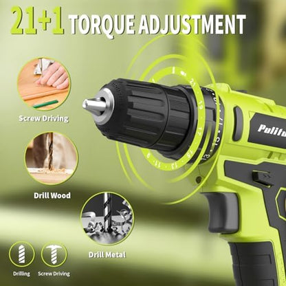 PULITUO'S 20V Cordless Drill/Driver, Electric Screwdriver - 2 Batteries, 30Nm, 21+1 Torque, 2 Speed, Keyless 3/8" Chase Drill with LED Light, Kit for Home (Green)