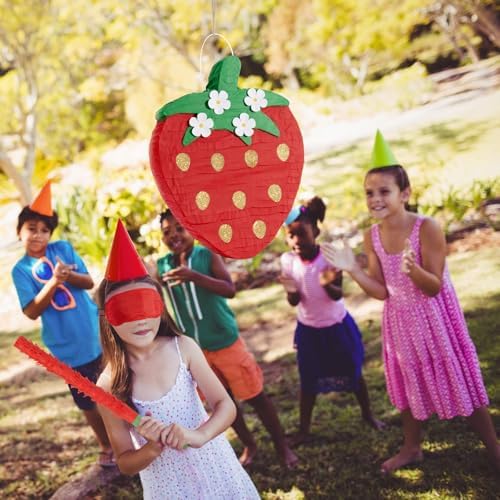 Wernnsai Red Strawberry Piñata For Kids - Strawberry Baby Shower Pinata Strawberry Birthday Party Decorations Summer Fruit Themed Party Game Supplies With Bat Blindfold 16.5" × 11.6" ×3"