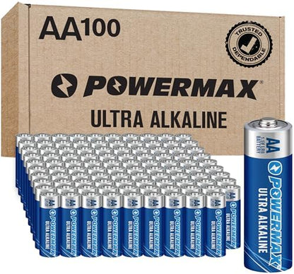 Powermax 100-Count Double AA Batteries, Ultra Long Lasting Alkaline Battery for Home and Office, 10-Year Shelf Life, Reclosable Packaging