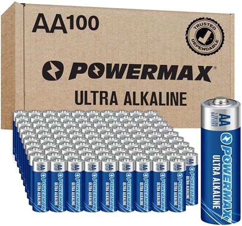 Powermax 100-Count Double AA Batteries, Ultra Long Lasting Alkaline Battery for Home and Office, 10-Year Shelf Life, Reclosable Packaging