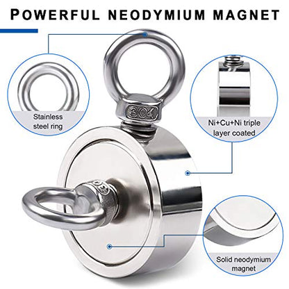 DIYMAG Strong Double Side Neodymium Fishing Magnets,550 lbs(249 KG) Pulling Force Rare Earth Magnet with 20m (65 Foot) Durable Rope and Protective Gloves,for Retrieving in River and Magnetic Fish