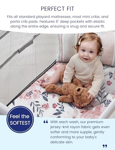 Graco Pack and Play Sheets Fitted, TotAha Buttery Soft Mini Crib Sheets Girl, Floral Pack N Play Mattress Sheets Hypoallergenic, Premium Jersey Playrad Sheets, Meredith Allover & Pale Pink, 2 Pack