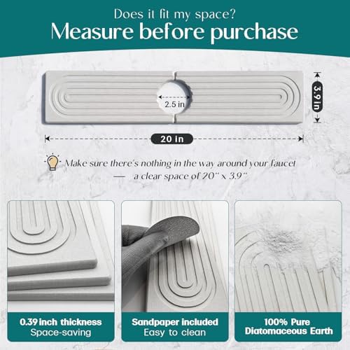 Stone Faucet Mat for Kitchen Sink – Diatomite Drying Stone Mat & Sink Protector, Prevents Moisture – Sink Splash Guard Water-Absorbing Stone Tray for Bathroom Counter [Light Grey, 20" x 3.9"]